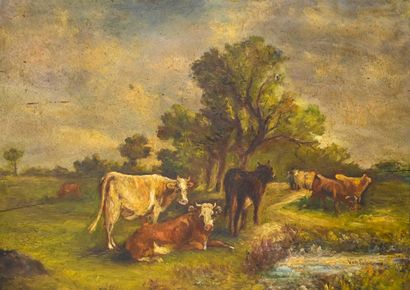 Hans VON FABER DU FAUR (1863-1940) Les vaches à l'étang

Huile sur panneau, signée...