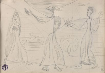  Léopold SURVAGE (1879-1968) 
Trois personnages entourés d'oiseaux 
Mine graphite,...