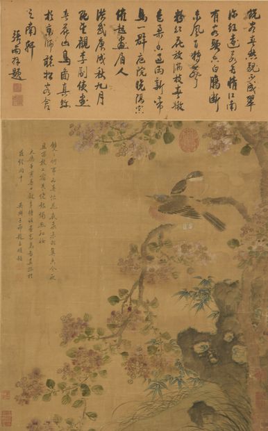 null CHINE - XIXe siècle

Encre sur soie, couple de moineaux sur des branches de...
