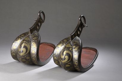 Pair of iron stirrups (abumi) inlaid on the...