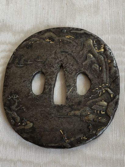 null Three iron tsuba, two nagamaru gata decorated with a nocturnal lakescape with...