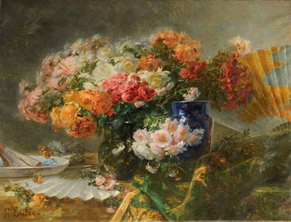 Pierre Nicolas EULER (1846-1915) Nature morte aux fleurs et à l'éventail Huile sur...