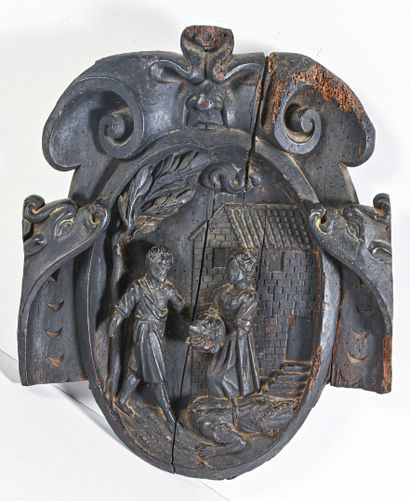 null Médaillon en bois noirci sculpté d'une scène biblique

Fin du XVIIème siècle

H....