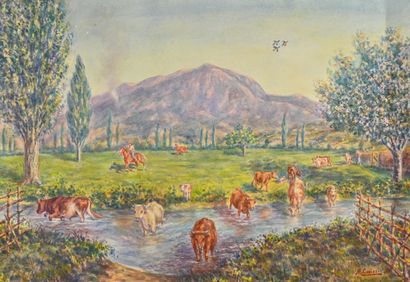 null Mathieu CORIZZI (1891-1976).

Troupeau de vaches franchissant la rivière.

Aquarelle...