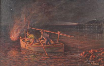  Mathieu CORIZZI (1891-1976). 
La pêche au feu à Aspretto près d'Ajaccio. 
Huile...