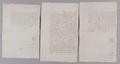 null LOUIS XIII (1601-1643)]. 3 lettres signées (secrétaire), contresignées par le...