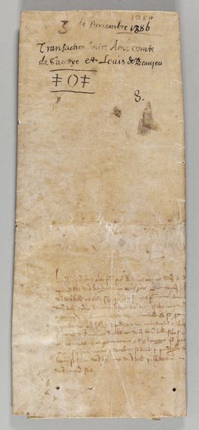 null SAVOIE. Parchemin daté du 3 novembre 1286, 69 x 53 cm. Les sceaux manquent.

									

...