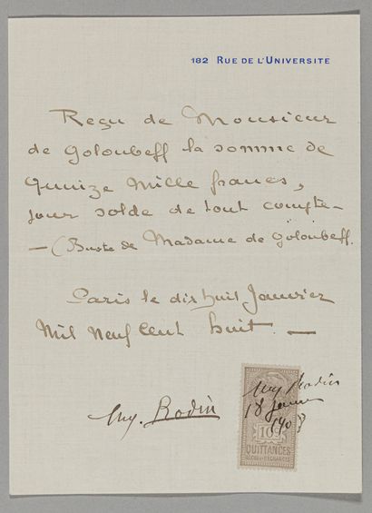null RODIN, Auguste (1840-1917). Pièce signée (deux fois). Paris, 18 janvier 1908....