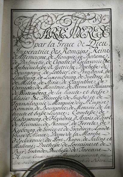 null MARIE-THÉRÈSE D'AUTRICHE (1717-1780). Manuscrit signé, calligraphié sur vélin....