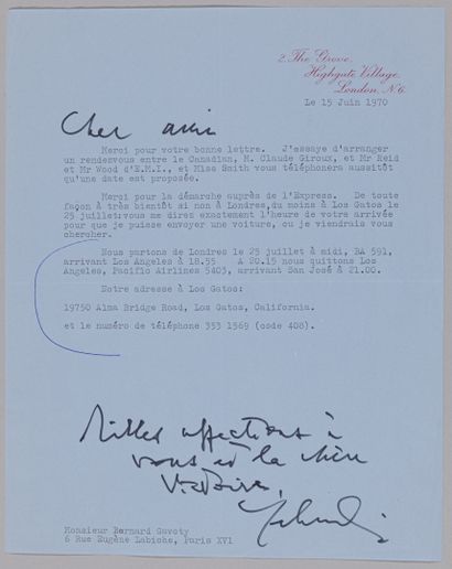 null MENUHIN, Yehudi (1916-1999). Lettre signée, avec 2 lignes autographes, à Bernard...