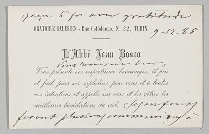 null SAINT JEAN BOSCO (1815-1888). Carte de visite autographe. 9 décembre 1885. 1...