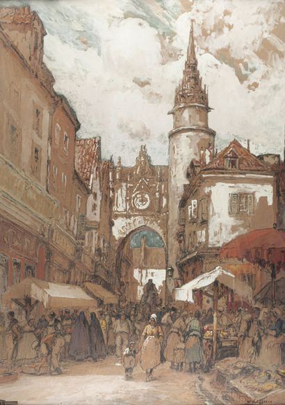 Eugène VILLON (1879-1951) 
Auxerre, Le marché,...