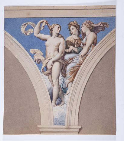 null Pierre BONIROTE (1811-1891)

Relevé de décor de la villa Farnesina, 1837

Aquarelle,...