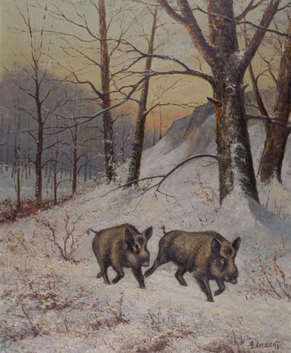 null LAMBERT (XXe siècle)

Soir de neige, sangliers dans la forêt

Huile sur isorel,...