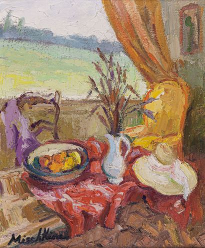 null Olga MISCHKINE (1910-1985) 

Nature morte, table à la corbeille à fruits, au...