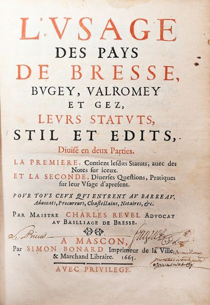 null REVEL (Charles). L'usage des Pays de Bresse, Bugey, Valromey et Gez, leurs statuts,...