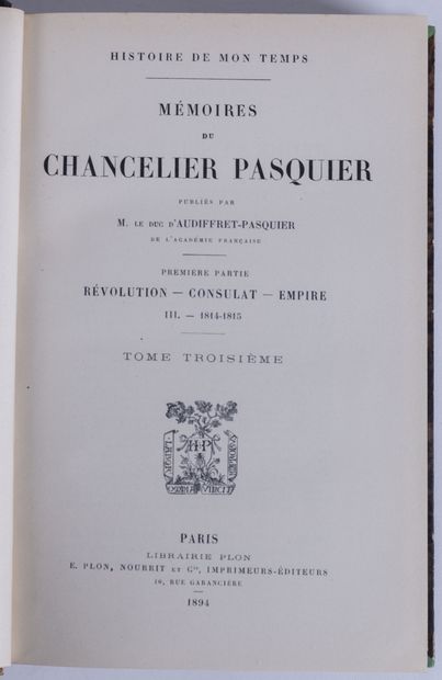 null PASQUIER (Duc Étienne-Denis, dit le Chancelier). Mémoires

Publiées par M. le...