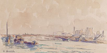 null André LEVEILLE (1880-1962), 

Le pont de Suresnes 

Aquarelle sur papier, signée...