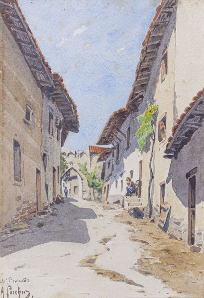 null Charles Albert PORCHER (1834-1895)

Vue d'une ruelle médiévale, une porte fortifiée...