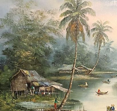 null VIETNAM, huile sur toile signée, scène animée sur le Mékong, XXe

H. 76 cm -...