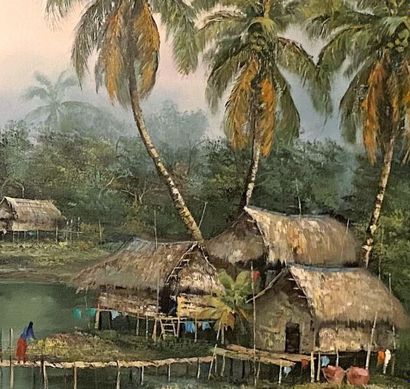null VIETNAM, huile sur toile signée, scène animée sur le Mékong, XXe

H. 76 cm -...