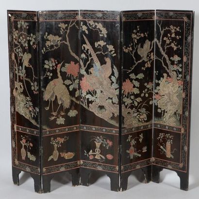 null CHINE - Fin du XIXe siècle

Paravent noir laqué à cinq feuilles, à décor double...