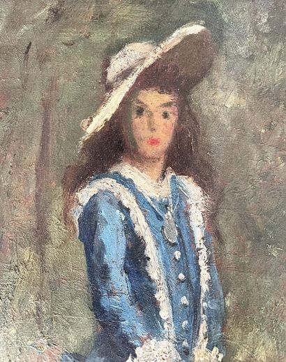 null École FRANÇAISE vers 1900 

"Fillette en robe bleue au transat"

Huile sur toile.

Signé...