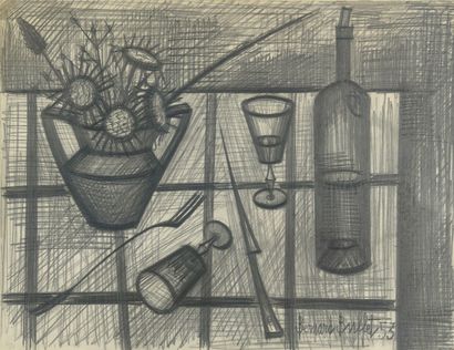 null Bernard BUFFET (1928-1999)

Bottle, glasses and bouquet of flowers, 1953

Graphite...
