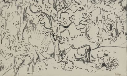  Jules-Émile ZINGG (1882-1942) 
Enfants gardant des vaches sous les arbres 
Dessin...