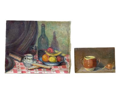 null Lot of two still lifes: Still life, pottery and onion, dedicated and signed...