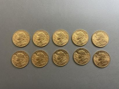 null SUISSE

Lot de dix pièces de 20F or, Helvetia, Berne: 1913 x 5 ex. et Berne:...
