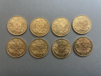 null SUISSE

Lot de 8 pièces de 20 francs or, Helvetia, Berne: 1935

Poids: 51,6...