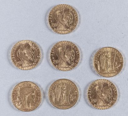 null FRANCE

Lot de sept pièces de 20 francs or comprenant: Génie 1876 A; Génie 1878...