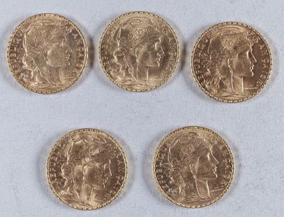 null FRANCE

Lot de 5 pièces de 20 francs or, coq, 1909, 1910, 1911, 1912, 1914

Poids:...