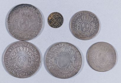 null Lot de 6 monnaies d'argent : Louis XV, écu aux lauriers 1729 Rennes, 1728 E...