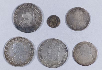null Lot de 6 monnaies d'argent : Louis XV, écu aux lauriers 1729 Rennes, 1728 E...