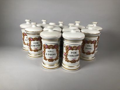 null Suite de onze pots à pharmacie assortis en porcelaine à décor polychrome

Paris

Fin...