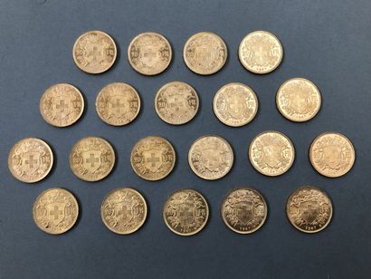 null SUISSE

Lot de vingt pièces de 20 francs or, type "Vrénéli" ou "Helvétia", 1913...