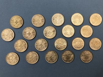null SUISSE

Lot de vingt pièces de 20 francs or, type "Vrénéli" ou "Helvétia": 1922...