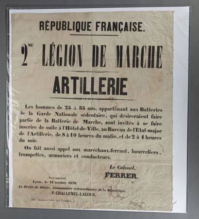 null GUERRE DE 1870 A LYON. Création du 2ème Bataillon de Marche. Affiche datée de...