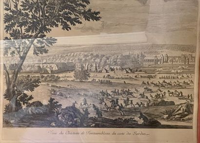 null Ensemble de trois gravures en noir :

"Vues du château de Fontainebleau"

Biches...