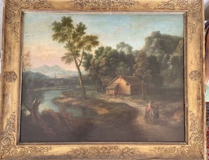 null École FRANÇAISE, vers 1820 

"Paysage boisé à la rivière animé d'une femme sur...