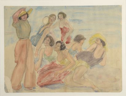 null Odilon ROCHE (1868-1947)
Groupe de baigneuses sur la plage
Aquarelle et mine...