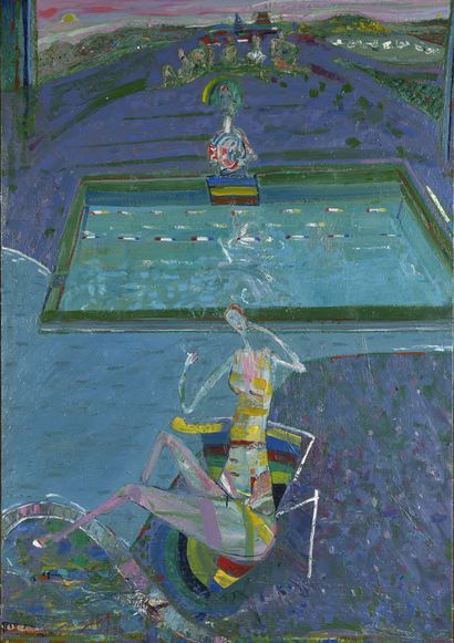 null Lionel GABEL (né en 1963) 
La piscine, 1990 
Huile sur toile, signée et datée...