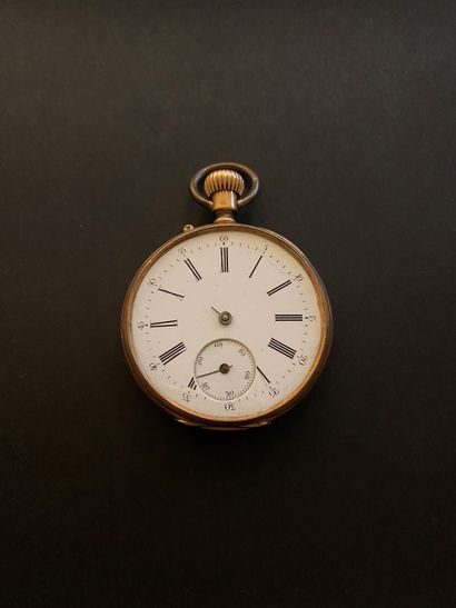 null Montre de gousset en or jaune 18k (750 millièmes), le cadran émaillé à chiffres...