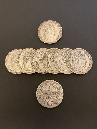 null FRANCE 
Lot de huit pièces de 5 francs Louis-Philippe en argent
Poids : 197,2...