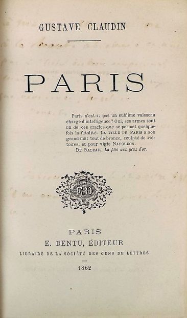 null CLAUDIN (Gustave). PARIS. 

Paris, Dentu, 1862. In-12, tobacco morocco, boards...
