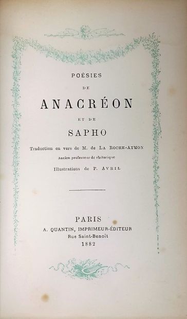 null ANACREON. POESIES OF ANACREON AND SAPHO. Translation in verse by M. de La Roche-Aymon....