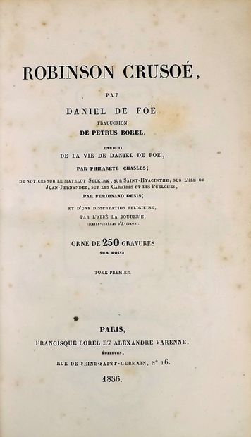 null # FOE (Daniel de). ROBINSON CRUSOE. Translation by Petrus Borel. Enriched with...