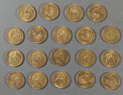 null FRANCE

Lot de 19 pièces de 20 francs or Napoléon III composé de:

- quinze...